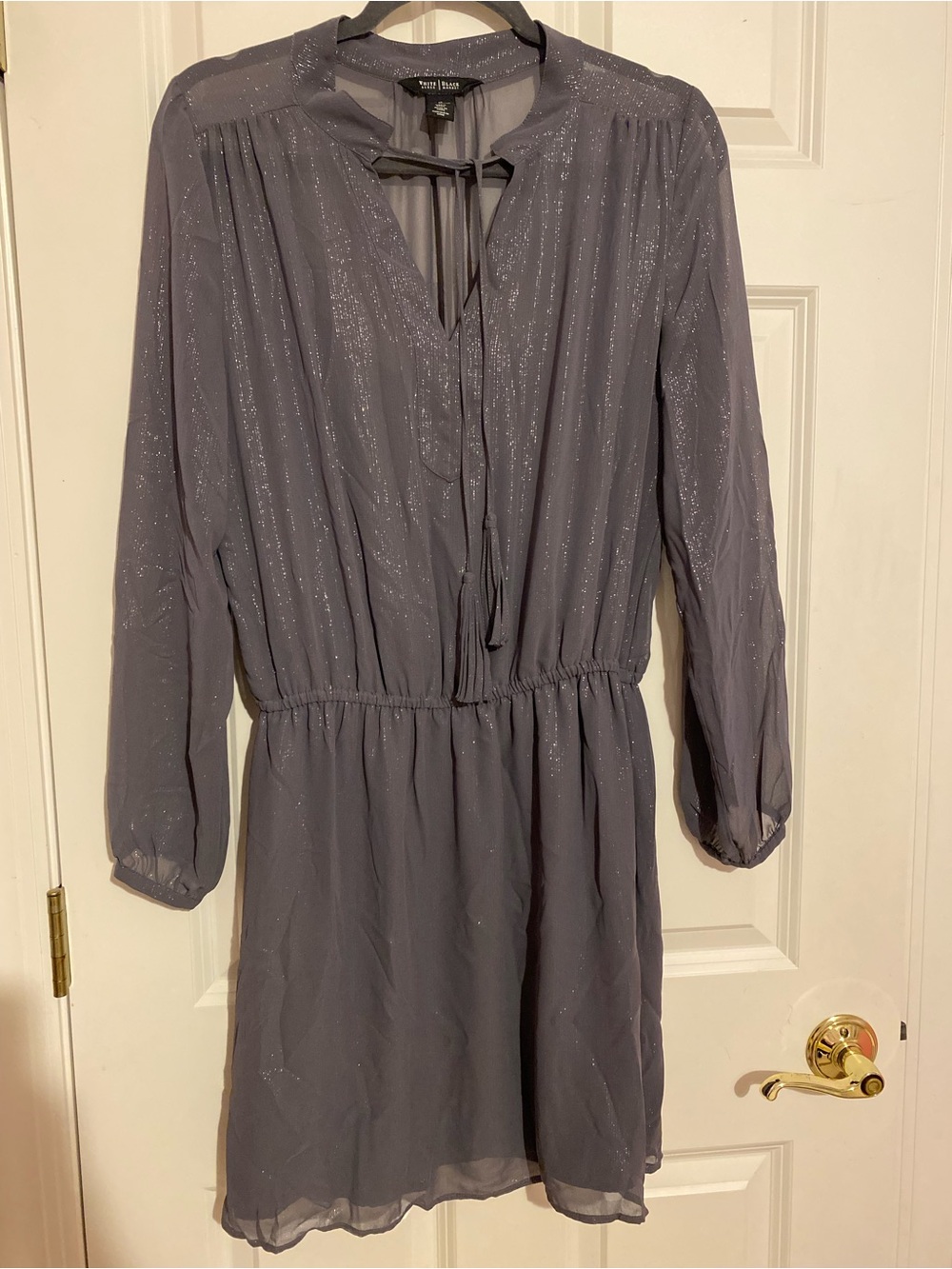 White House Black Market gray shimmery dress with tassel and pockets. Size 10